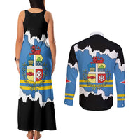 Aruba Dushi Tera Couples Matching Tank Maxi Dress and Long Sleeve Button Shirt Coat Of Arms Torn Paper Stylized