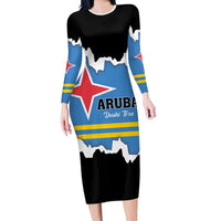 Aruba Dushi Tera Family Matching Long Sleeve Bodycon Dress and Hawaiian Shirt Coat Of Arms Torn Paper Stylized