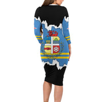 Aruba Dushi Tera Family Matching Long Sleeve Bodycon Dress and Hawaiian Shirt Coat Of Arms Torn Paper Stylized
