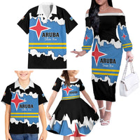 Aruba Dushi Tera Family Matching Off The Shoulder Long Sleeve Dress and Hawaiian Shirt Coat Of Arms Torn Paper Stylized