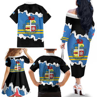 Aruba Dushi Tera Family Matching Off The Shoulder Long Sleeve Dress and Hawaiian Shirt Coat Of Arms Torn Paper Stylized