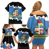 Aruba Dushi Tera Family Matching Off Shoulder Short Dress and Hawaiian Shirt Coat Of Arms Torn Paper Stylized