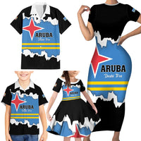 Aruba Dushi Tera Family Matching Short Sleeve Bodycon Dress and Hawaiian Shirt Coat Of Arms Torn Paper Stylized