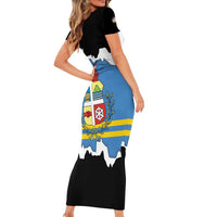 Aruba Dushi Tera Family Matching Short Sleeve Bodycon Dress and Hawaiian Shirt Coat Of Arms Torn Paper Stylized