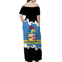 Aruba Dushi Tera Off Shoulder Maxi Dress Coat Of Arms Torn Paper Stylized