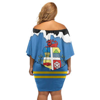 Aruba Dushi Tera Off Shoulder Short Dress Coat Of Arms Torn Paper Stylized