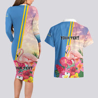 Personalised Aruba Flamingo Couples Matching Long Sleeve Bodycon Dress and Hawaiian Shirt Tropical Sunset Vibes