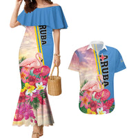 Personalised Aruba Flamingo Couples Matching Mermaid Dress and Hawaiian Shirt Tropical Sunset Vibes