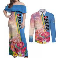 Personalised Aruba Flamingo Couples Matching Off Shoulder Maxi Dress and Long Sleeve Button Shirt Tropical Sunset Vibes