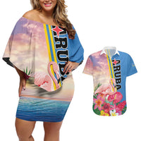 Personalised Aruba Flamingo Couples Matching Off Shoulder Short Dress and Hawaiian Shirt Tropical Sunset Vibes