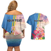 Personalised Aruba Flamingo Couples Matching Off Shoulder Short Dress and Hawaiian Shirt Tropical Sunset Vibes