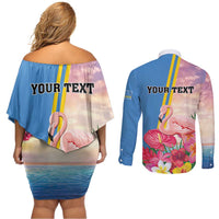 Personalised Aruba Flamingo Couples Matching Off Shoulder Short Dress and Long Sleeve Button Shirt Tropical Sunset Vibes