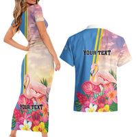 Personalised Aruba Flamingo Couples Matching Short Sleeve Bodycon Dress and Hawaiian Shirt Tropical Sunset Vibes