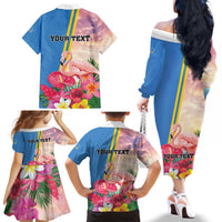 Personalised Aruba Flamingo Family Matching Off The Shoulder Long Sleeve Dress and Hawaiian Shirt Tropical Sunset Vibes