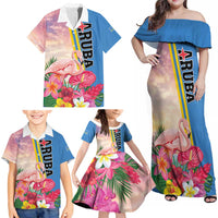 Personalised Aruba Flamingo Family Matching Off Shoulder Maxi Dress and Hawaiian Shirt Tropical Sunset Vibes