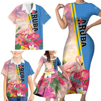 Personalised Aruba Flamingo Family Matching Short Sleeve Bodycon Dress and Hawaiian Shirt Tropical Sunset Vibes