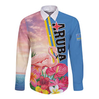 Personalised Aruba Flamingo Long Sleeve Button Shirt Tropical Sunset Vibes