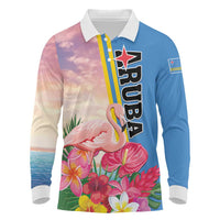 Personalised Aruba Flamingo Long Sleeve Polo Shirt Tropical Sunset Vibes