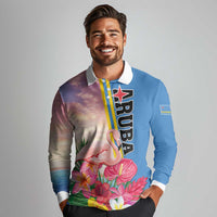 Personalised Aruba Flamingo Long Sleeve Polo Shirt Tropical Sunset Vibes