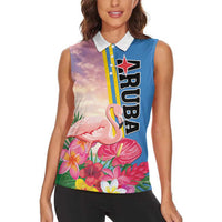 Personalised Aruba Flamingo Women Sleeveless Polo Shirt Tropical Sunset Vibes