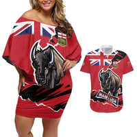 Personalized Canada Manitoba Province Bison Couples Matching Off Shoulder Short Dress and Hawaiian Shirt Gloriosus et Liber