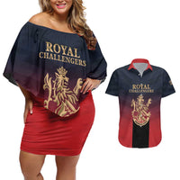Custom Bengaluru 2025 Cricket Royal Challengers Couples Matching Off Shoulder Short Dress and Hawaiian Shirt Lions Play Bold
