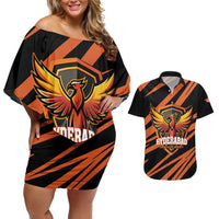 Custom Hyderabad 2025 Cricket Sunrisers Couples Matching Off Shoulder Short Dress and Hawaiian Shirt Orange Army Play With Fire