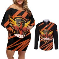 Custom Hyderabad 2025 Cricket Sunrisers Couples Matching Off Shoulder Short Dress and Long Sleeve Button Shirt Orange Army Play With Fire