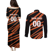 Custom Hyderabad 2025 Cricket Sunrisers Couples Matching Puletasi and Long Sleeve Button Shirt Orange Army Play With Fire