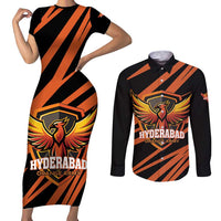 Custom Hyderabad 2025 Cricket Sunrisers Couples Matching Short Sleeve Bodycon Dress and Long Sleeve Button Shirt Orange Army Play With Fire