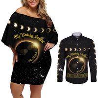 Personalized Total Solar Eclipse 2024 Couples Matching Off Shoulder Short Dress and Long Sleeve Button Shirt My Birthday Present From The Universe - Wonder Print Shop