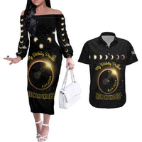 Personalized Total Solar Eclipse 2024 Couples Matching Off The Shoulder Long Sleeve Dress and Hawaiian Shirt My Birthday Present From The Universe - Wonder Print Shop