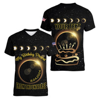 Personalized Total Solar Eclipse 2024 Women V-Neck T-Shirt My Birthday Present From The Universe - Wonder Print Shop