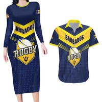 Custom Barbados Rugby Couples Matching Long Sleeve Bodycon Dress and Hawaiian Shirt Team Barbados Trident Go Champions