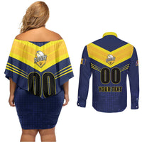 Custom Barbados Rugby Couples Matching Off Shoulder Short Dress and Long Sleeve Button Shirt Team Barbados Trident Go Champions