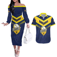Custom Barbados Rugby Couples Matching Off The Shoulder Long Sleeve Dress and Hawaiian Shirt Team Barbados Trident Go Champions
