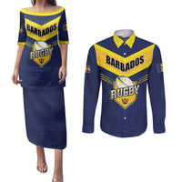 Custom Barbados Rugby Couples Matching Puletasi and Long Sleeve Button Shirt Team Barbados Trident Go Champions