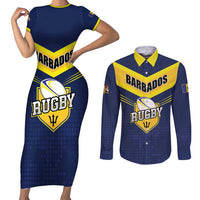 Custom Barbados Rugby Couples Matching Short Sleeve Bodycon Dress and Long Sleeve Button Shirt Team Barbados Trident Go Champions