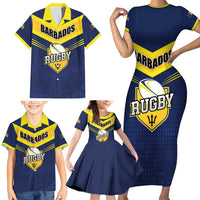 Custom Barbados Rugby Family Matching Short Sleeve Bodycon Dress and Hawaiian Shirt Team Barbados Trident Go Champions
