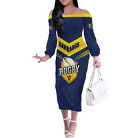 Custom Barbados Rugby Off The Shoulder Long Sleeve Dress Team Barbados Trident Go Champions