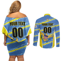 Custom US Virgin Islands Soccer Couples Matching Off Shoulder Short Dress and Long Sleeve Button Shirt Team Dashing Eagles Come On