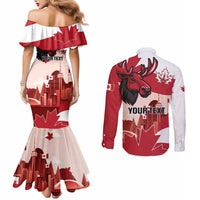 Personalised Canada Day 1867 Couples Matching Mermaid Dress and Long Sleeve Button Shirt Moose With Maple Leaves