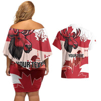 Personalised Canada Day 1867 Couples Matching Off Shoulder Short Dress and Hawaiian Shirt Moose With Maple Leaves