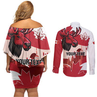 Personalised Canada Day 1867 Couples Matching Off Shoulder Short Dress and Long Sleeve Button Shirt Moose With Maple Leaves