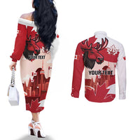 Personalised Canada Day 1867 Couples Matching Off The Shoulder Long Sleeve Dress and Long Sleeve Button Shirt Moose With Maple Leaves