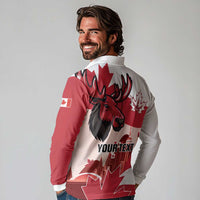 Personalised Canada Day 1867 Long Sleeve Polo Shirt Moose With Maple Leaves