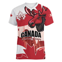 Personalised Canada Day 1867 Women V-Neck T-Shirt Moose With Maple Leaves
