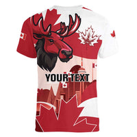 Personalised Canada Day 1867 Women V-Neck T-Shirt Moose With Maple Leaves