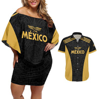Custom Football 2025 Mexico Couples Matching Off Shoulder Short Dress and Hawaiian Shirt Special Gold Edition