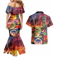 Puerto Rico Coqui Frog Sunset Couples Matching Mermaid Dress and Hawaiian Shirt Isla Del Encanto Tropical Vibe - Wonder Print Shop